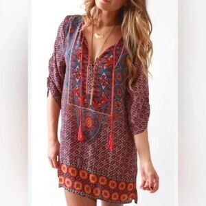 Feathers by Tolani Womens Tunic Top Multi XS 3/4 Sleeve Tassel Tie Neck